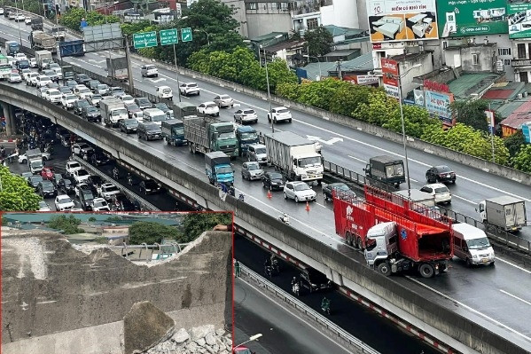 Xe đầu kéo mất lái, tông thẳng vào lan can đường Vành đai 3 trên cao